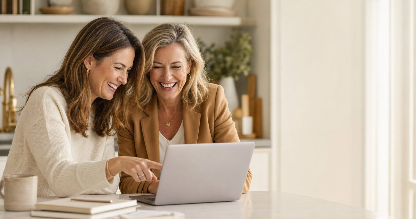 Two Gen X women laughing together while working on a laptop at a kitchen table